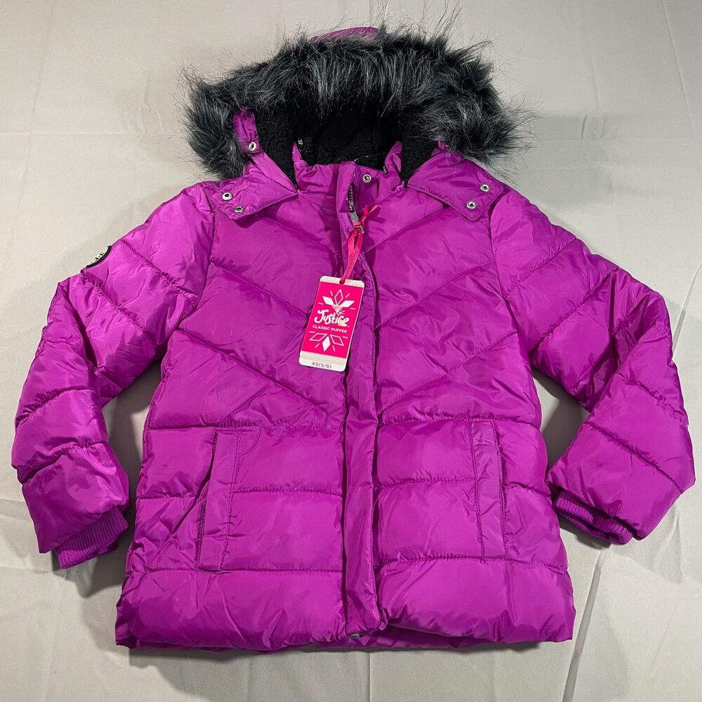 Justice Girls Classic Puffer Jacket Magenta Pink XS 5/6 Hooded Sherpa Lined NEW